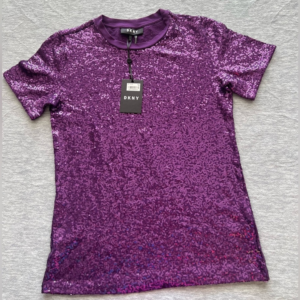 DKNY City Lights sequin sparkle purple short sleeve top women XS‎ feminine NYE